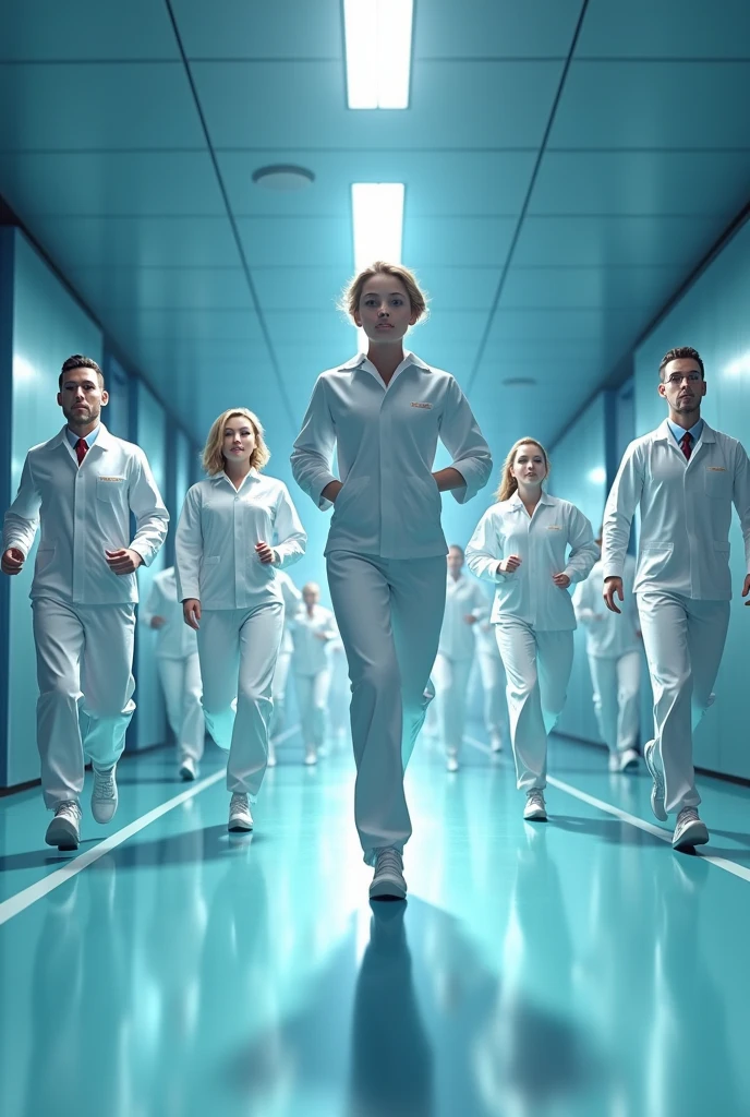 I want an animated image of several laboratory characters in their biosecurity uniform running to a meeting point in a level 4 laboratory