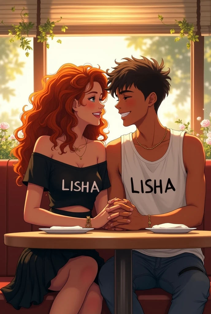 (photorealism:1.2), beautiful dark skin 16 year old girl and boy holding hands, both chocolate skin colour,sitting in a restaurant, wearing black loose off-shoulder top written LISHA on it for the girl , black not so short skirt for the girl, long curly dark orange hair planted fir the girl, the boy in a white vest written LISHA on it, grey and black jean for the boy , with short hair for the boy and a table cut hair style,window with sunlight, relaxed pose, realistic, intricate details, warm colors, anime style