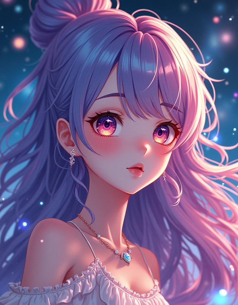 a close up of a woman with rich and colorful hair and a necklace, Anime girl with cosmic long hair, rossdraws bright pastels, artwork in the style of Gu Weiss, Fantasy art style, rich and colorful]”, Vibrant fantasy style, rossdraws cartoon vitality, cosmic and rich and colorful, Gu Weiss, rich and colorfull digital fantasy art, Stunning art style, Beautiful anime style
