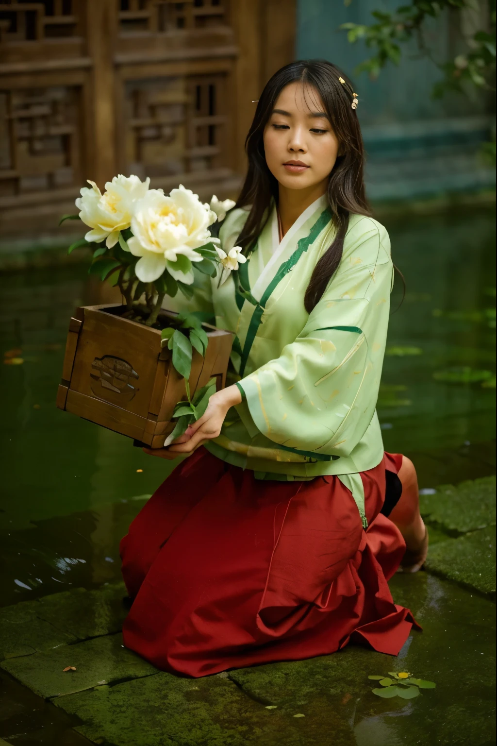 (Best quality, 8k, 32k, Masterpiece, UHD:1.2) "Transform the setting into a serene garden nestled within the palace of Ancient China. Envision traditional Chinese architecture surrounding the garden, with intricately carved wooden beams and ornate roofs adorned with upturned eaves. The garden itself is a tranquil oasis, filled with meticulously arranged plants, including bamboo groves, bonsai trees, and vibrant peonies in full bloom. A calm, reflective pond occupies the center, with koi fish swimming beneath the surface and a stone bridge arching gracefully over it. Lanterns hang delicately from the trees, casting a soft, warm glow. In the distance, a pagoda stands tall, partially hidden by the lush greenery. The air is filled with the faint scent of jasmine and the sound of rustling leaves, creating a peaceful and harmonious atmosphere, reminiscent of the imperial gardens of Ancient China's royal palaces."