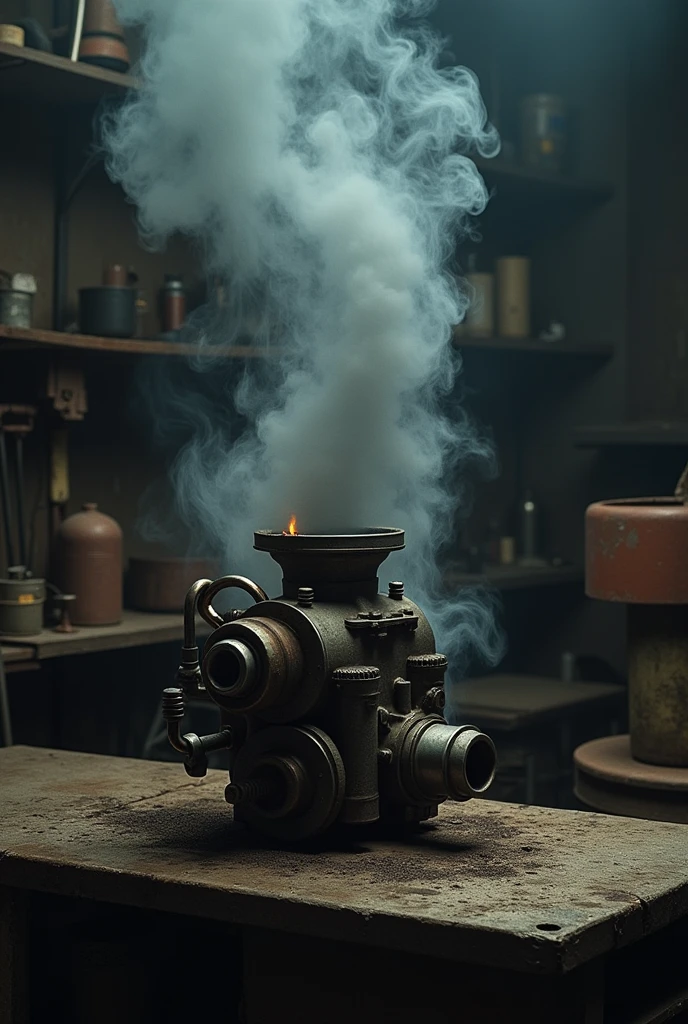 An old car carburetor is covered in a thick cloud of black and gray smoke, with small flames visible between the parts. The background can be an old garage scene.