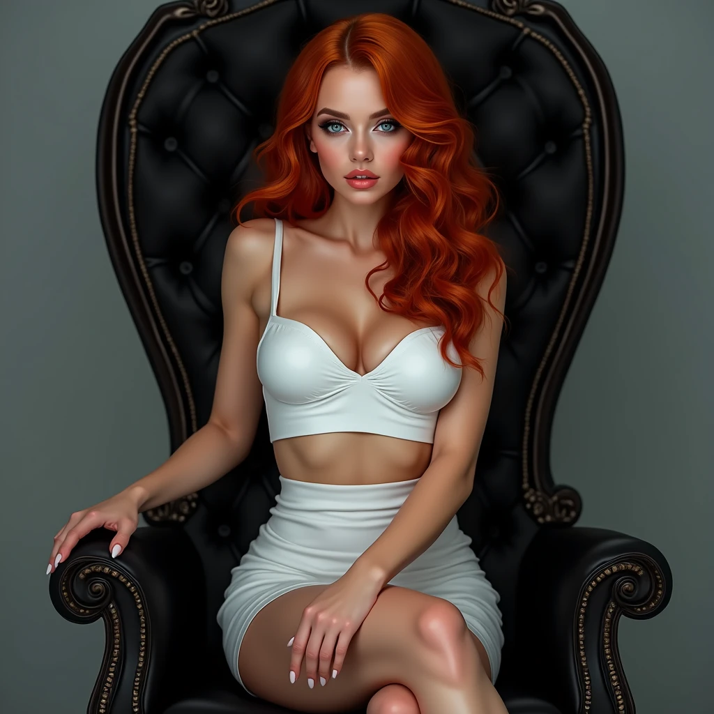 a beautiful woman, 8k, ultra detailed, expressive beautiful face, long eyelashes, wearing a white crop and extra mini skirt white, wearing fantasy white high heels, sitting on a black throne, crossed legs, sexy, flawless makeup, shiny skin, young, ocean blue eyes, red hair but wavy hair style