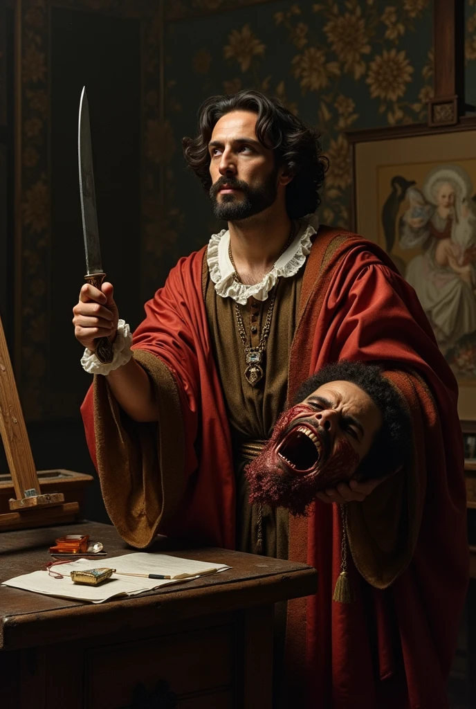 Velázquez, the famous painter, with a knife in his hand and the head of Holofernes in his hand, decapitated