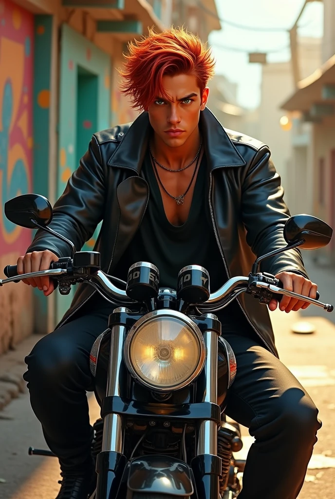 2d man, tan skin, red hair, green eyes, masculine, black leather oversized clothes, sitting on a motorcycle