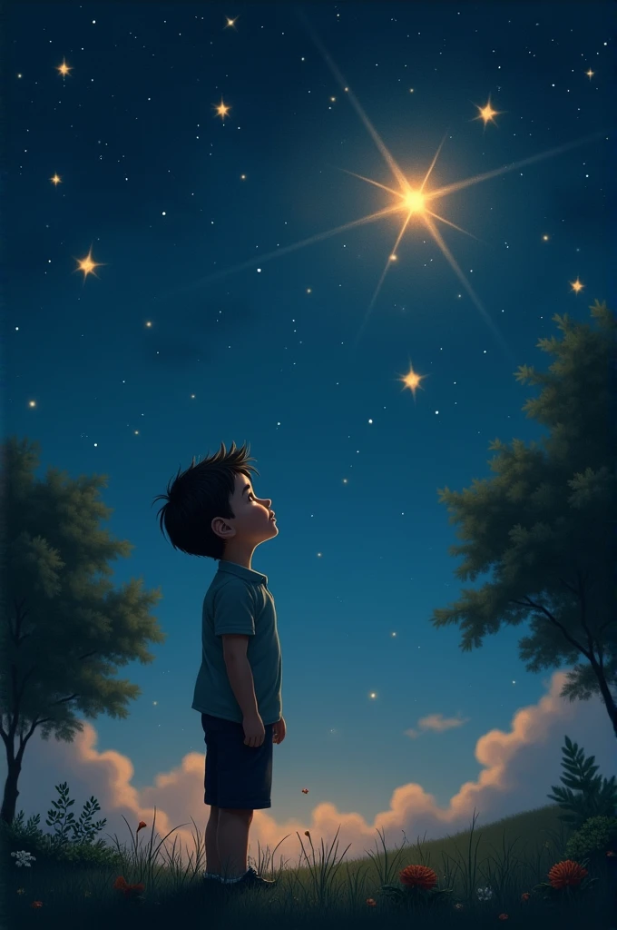 Create an image of the following scene:Thomas knows that sadness will not disappear, But he also knows that his mother will always be with him., in his memories and in that special star. Each night, promises to be strong and take care of himself, knowing that his mother watches him from heaven.