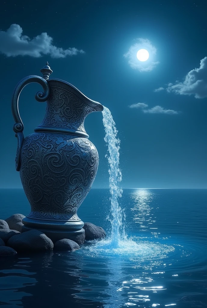 A vase pours its waters over the sea illuminated by a large Aquarius star
