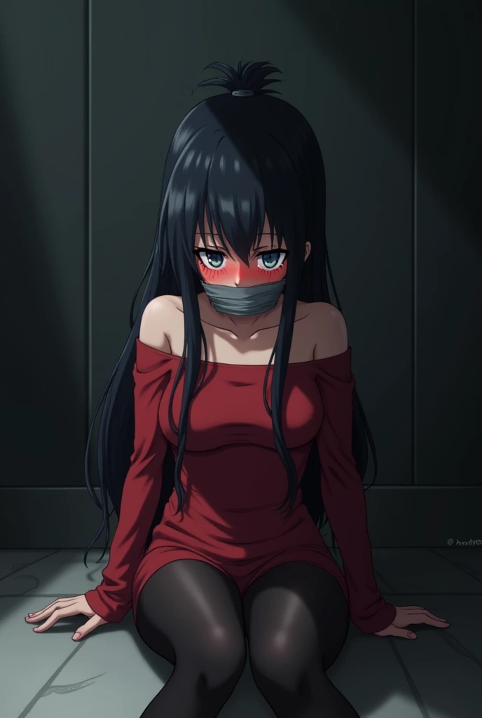 A sad kidnapped anime girl with long black hair tied in a bun at the back, bright red cheeks, a straight gray tape around her mouth, wearing a red off-shoulder red outfit, wearing black pantyhose, sitting on the floor, her arms tied together behind her back with tape, crying 