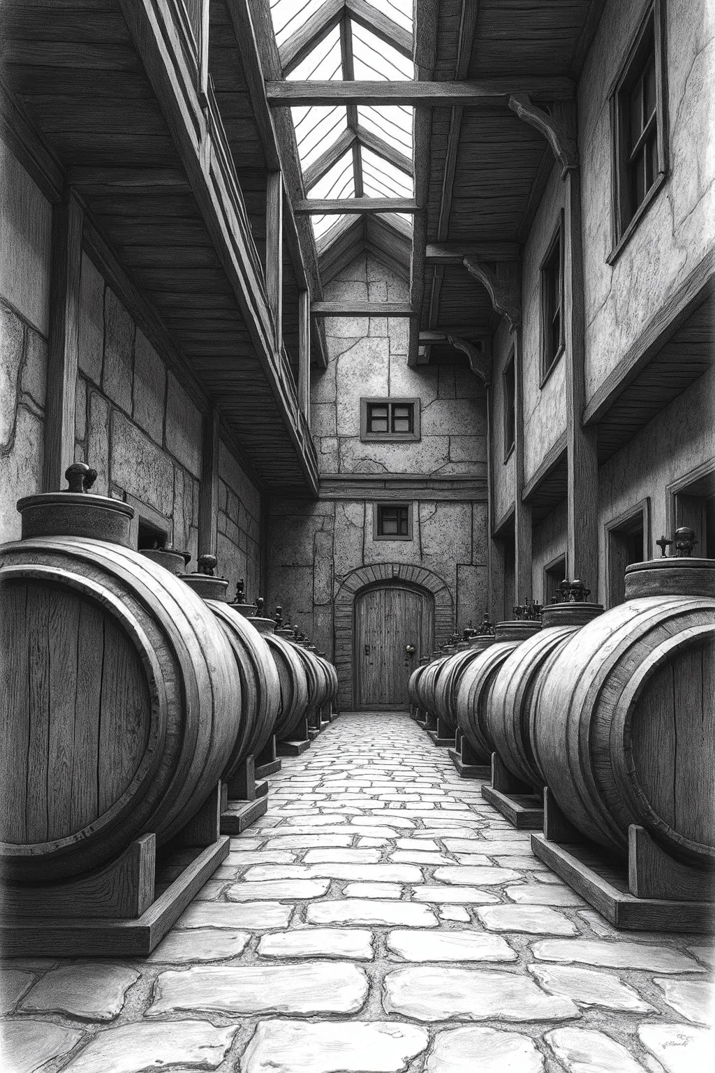 a freehand sketch illustration of an old-style cachaça distillery, black and white, detailed sketch, traditional distillery equipment, rustic atmosphere, intricate architectural details, aged wooden structures, steel vats and barrels, cobblestone floors, natural lighting, high contrast, chiaroscuro, pencil sketch, charcoal drawing, masterpiece, best quality, hyper detailed