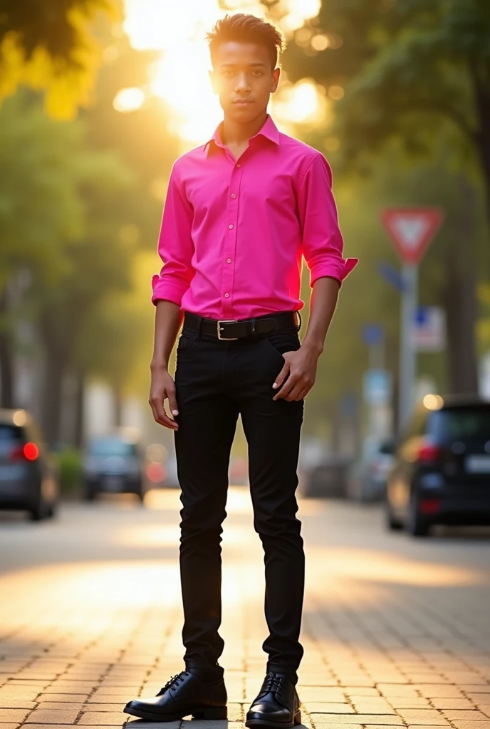 20 age boy wearing skin pant and pink shirt with black formal boots and black belt with hidden face in sunlight
