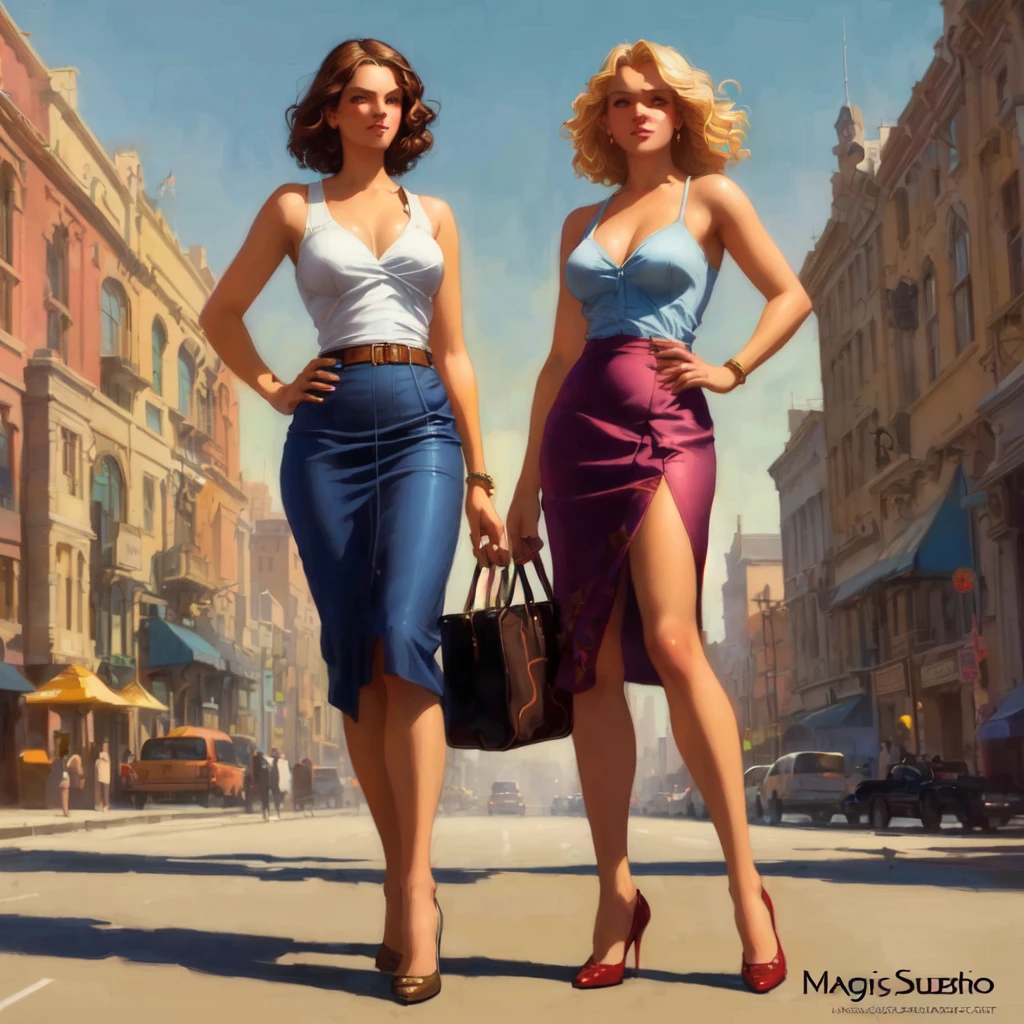 two women in skirts are standing on a city street, inspired by Tim and Greg Hildebrandt, boris vallejo and tom bagshaw, by mads berg, by Marshall Arisman, ( ( mads berg ) ), rob rey and kentarõ miura style, by John La Gatta, promotional art, promo art, by Wayne England