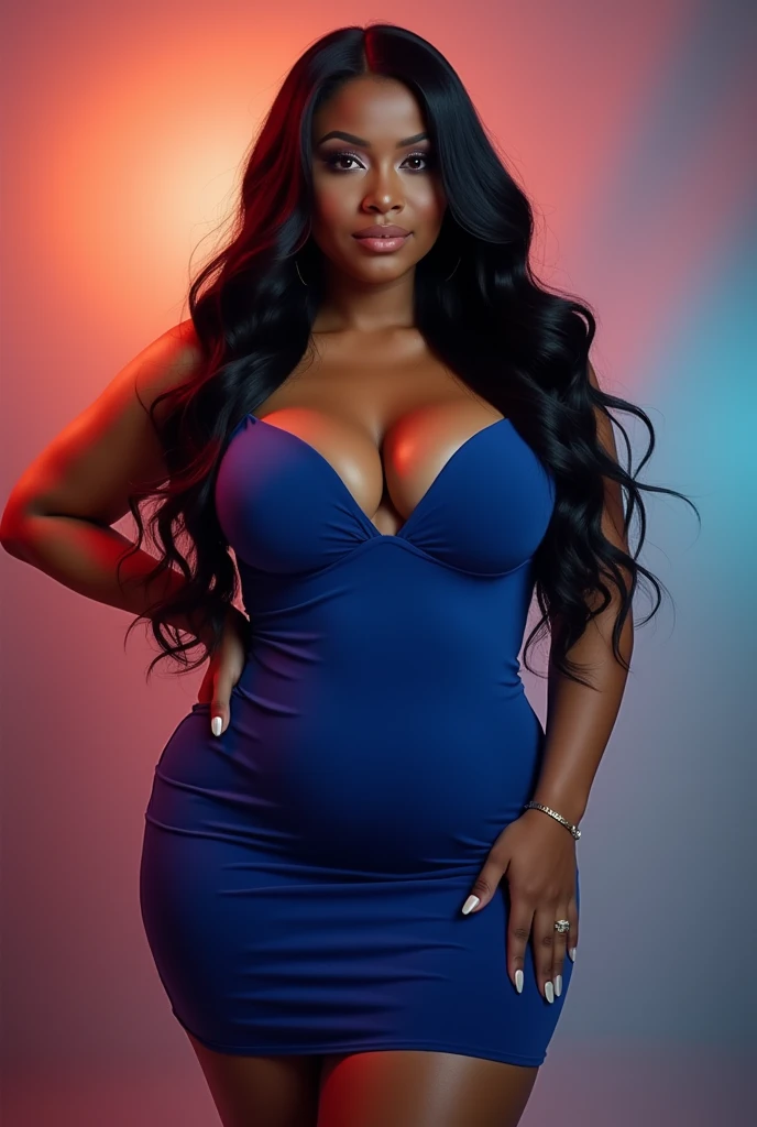 woman, long wavy black hair, big bust, chubby, wide hips, blue dress, sexy pose, looking at the camera, photorealistic