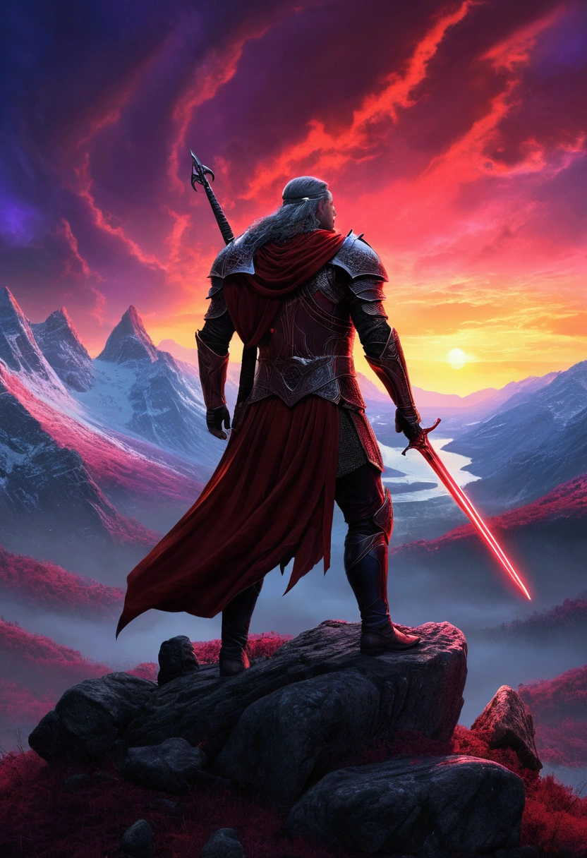 Capture an imposing hero on top of a mountain, northern lights, luminous armor, heavenly lights, holding a sword of light, (old book), (mystical power),  ao redor, (Nephilims), (dark creatures), (grimdark), (field of battle), (full of weathered rocks), (ancient trees), (rivers of neon light), (cor predominate: black and red), The glorious dawn begins to appear on the horizon, bathing the scene in vibrant shades of yellow, purple, and blue, (epic atmosphere), (detailed), (4k Ultra Resolution).