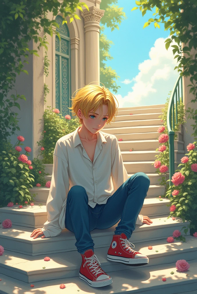 a boy with a very feminine face, blond, wearing a long shirt, jeans and all stars sitting on the steps of a staircase, anime style 