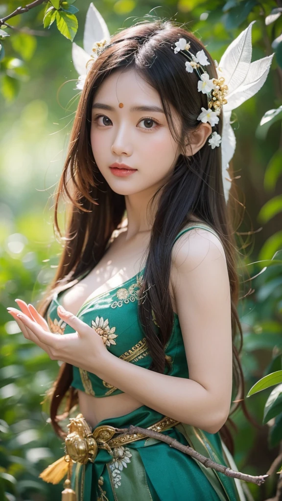 mala tree,beauty,gentle,Benevolent World Tree Goddess Gaia,Clearly defined,Fairy ears,Brown long flowing hair,Big breasts,thin waist,Wearing a leafy puffy skirt,leaning on a branch,