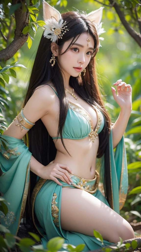 mala tree,beauty,gentle,Benevolent World Tree Goddess Gaia,Clearly defined,Fairy ears,Brown long flowing hair,Big breasts,thin waist,Wearing a leafy puffy skirt,leaning on a branch,