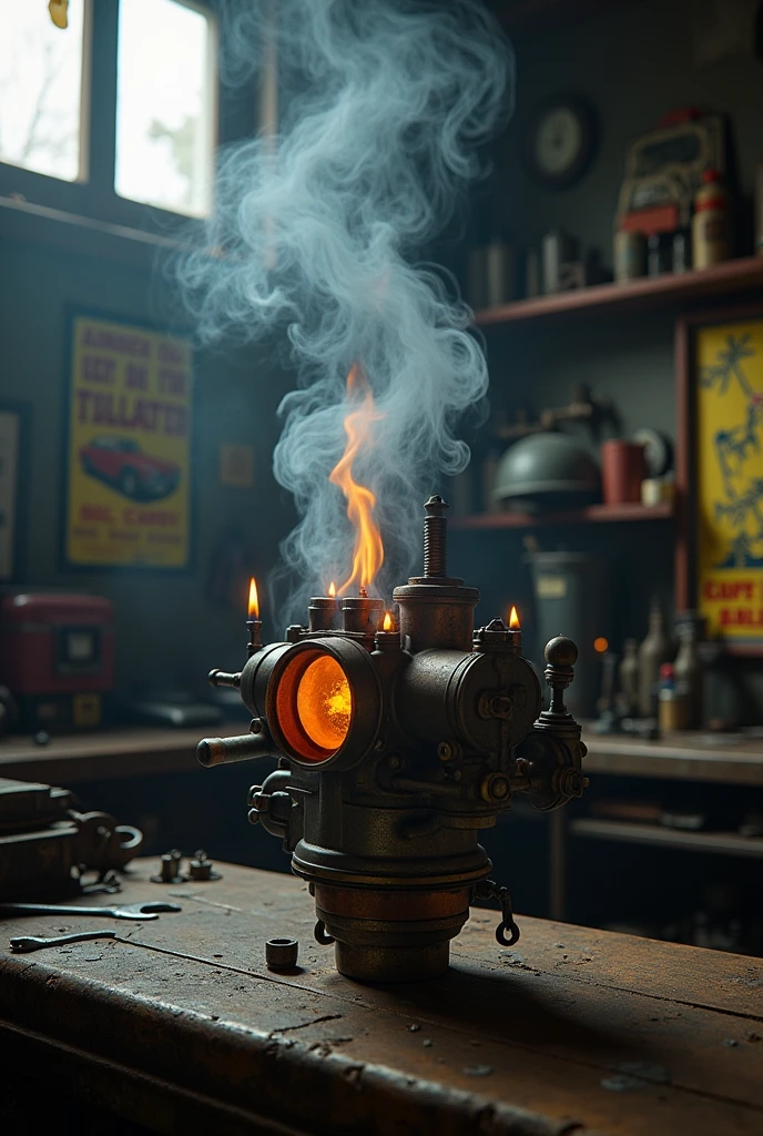 An old car carburetor is covered in a thick cloud of black and gray smoke, with small flames visible between the parts. The background can be an old garage scene.