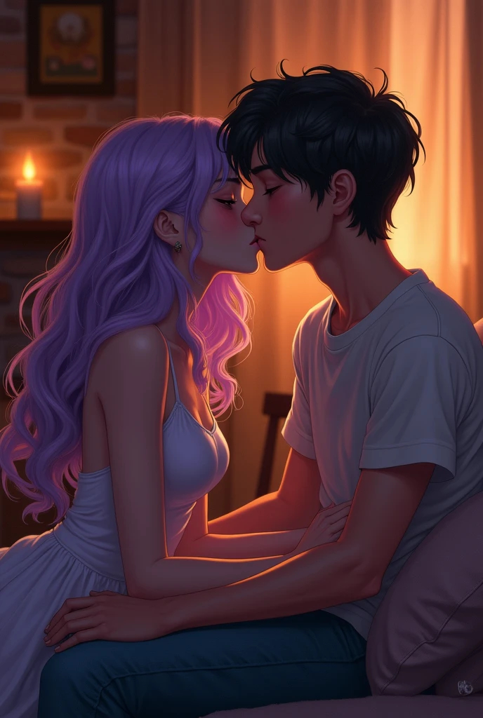 One young woman, Woman, white, pink skin tone, 20 year, eyes browns, lilac hair, long straight, seductively kissing a young man, 20 year, naughty man, offwhite, eyes browns, dark hair, medium short cut, on the sofa of a rustic house at night, in the style of 2d hentai drawing