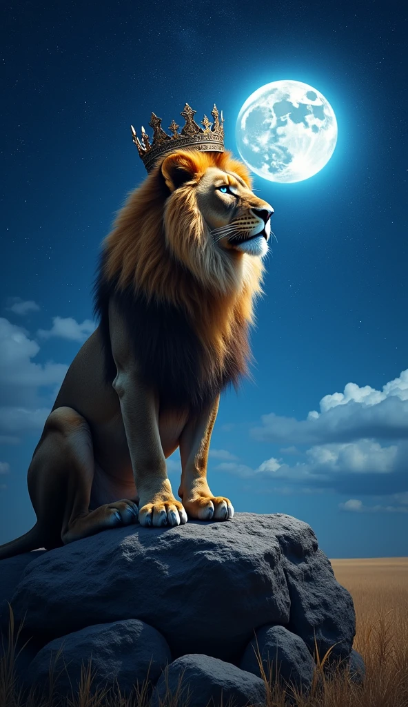 Generate a super mega hyper ultra realistic 8k image of a real lion with blue eyes , stark, bonitas, with a king's crown on his head looking at the night sky