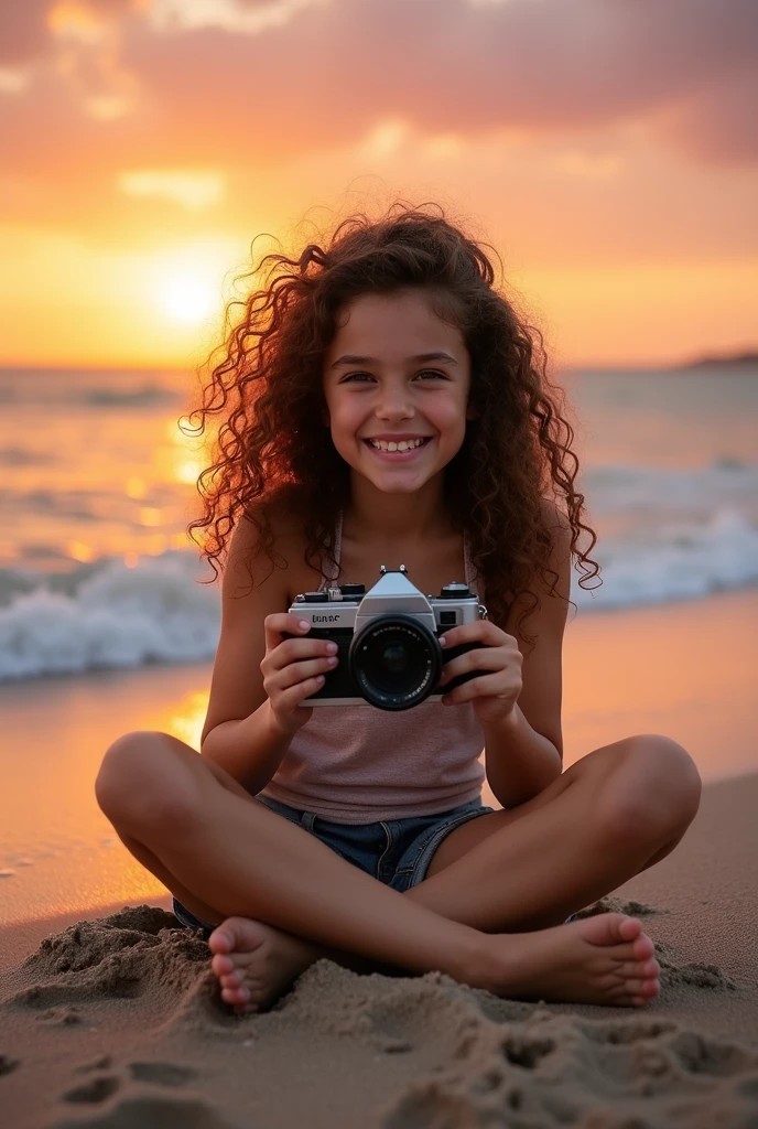A brunette girl with curly hair and big breasts sits with her legs stretched out, taking a realistic photo