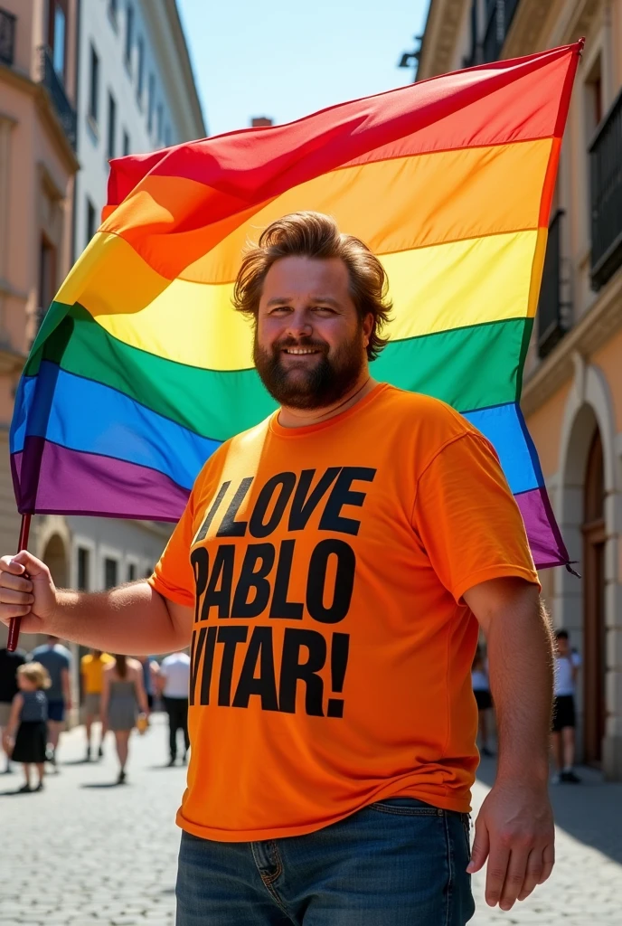 Make a man weighing 120kg and 187cm tall, The man has brown hair, Brown eyes, he is wearing a shirt that says I LOVE PABLO VITAR!, he will be holding an LGBT flag. And there must be something in the image that says I am Pedro Bravosi