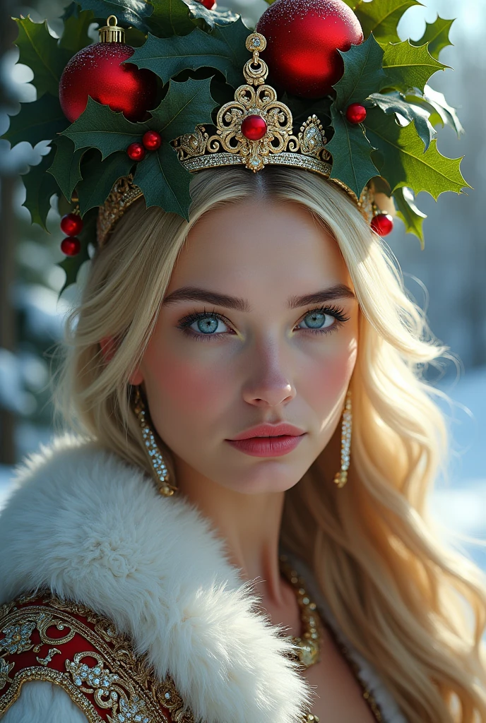 Beautiful portrait of queen, Blonde Hair, Perfect blue eyes, brilliant, impossible striking big Christmas headpiece, Clothes Santa Claus Robe, Everything Christmas, snow, symmetry, Drama Studio Lighting, Rococo, Baroque, Green vegetables, Asia, Surrealism, close up, d&d, fantasy, complex, elegant, Very detailed, number, Art Station, Octane Rendering, 8K, Concept Art, Matte, Clear focus
