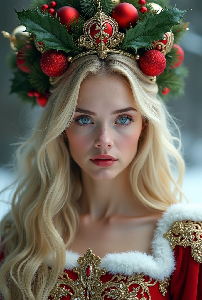 Beautiful portrait of queen, Blonde Hair, Perfect blue eyes, brilliant, impossible striking big Christmas headpiece, Clothes Santa Claus Robe, Everything Christmas, snow, symmetry, Drama Studio Lighting, Rococo, Baroque, Green vegetables, Asia, Surrealism, close up, d&d, fantasy, complex, elegant, Very detailed, number, Art Station, Octane Rendering, 8K, Concept Art, Matte, Clear focus