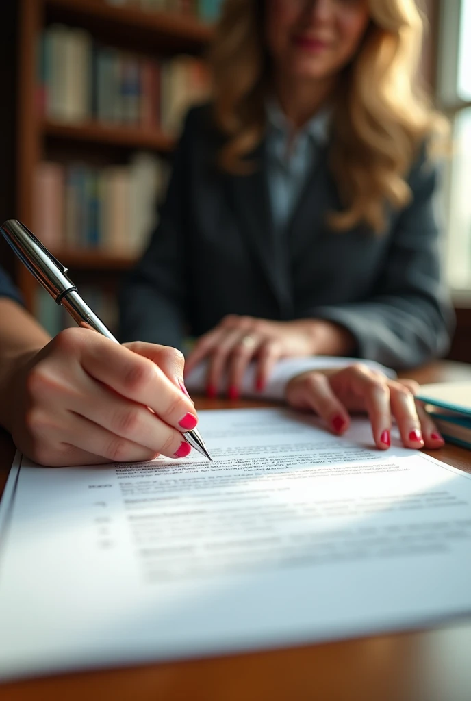 female hands signing a contract, advocacy, writing desk, realist