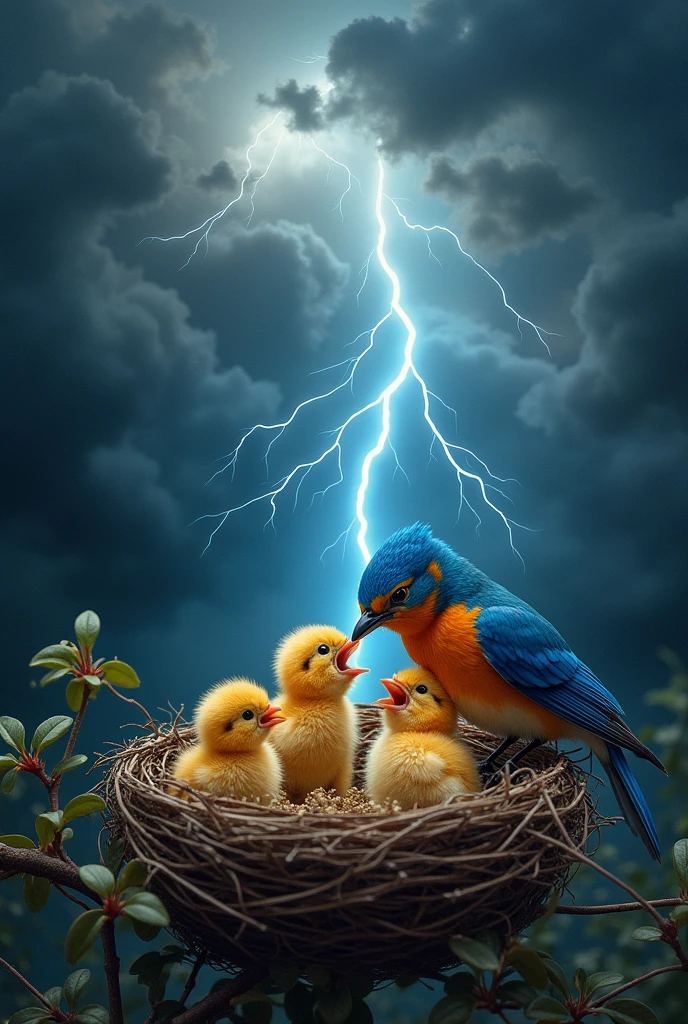 bird's nest in the foreground, mother bird calmly feeding chicks, background a storm with lightning and thunder.