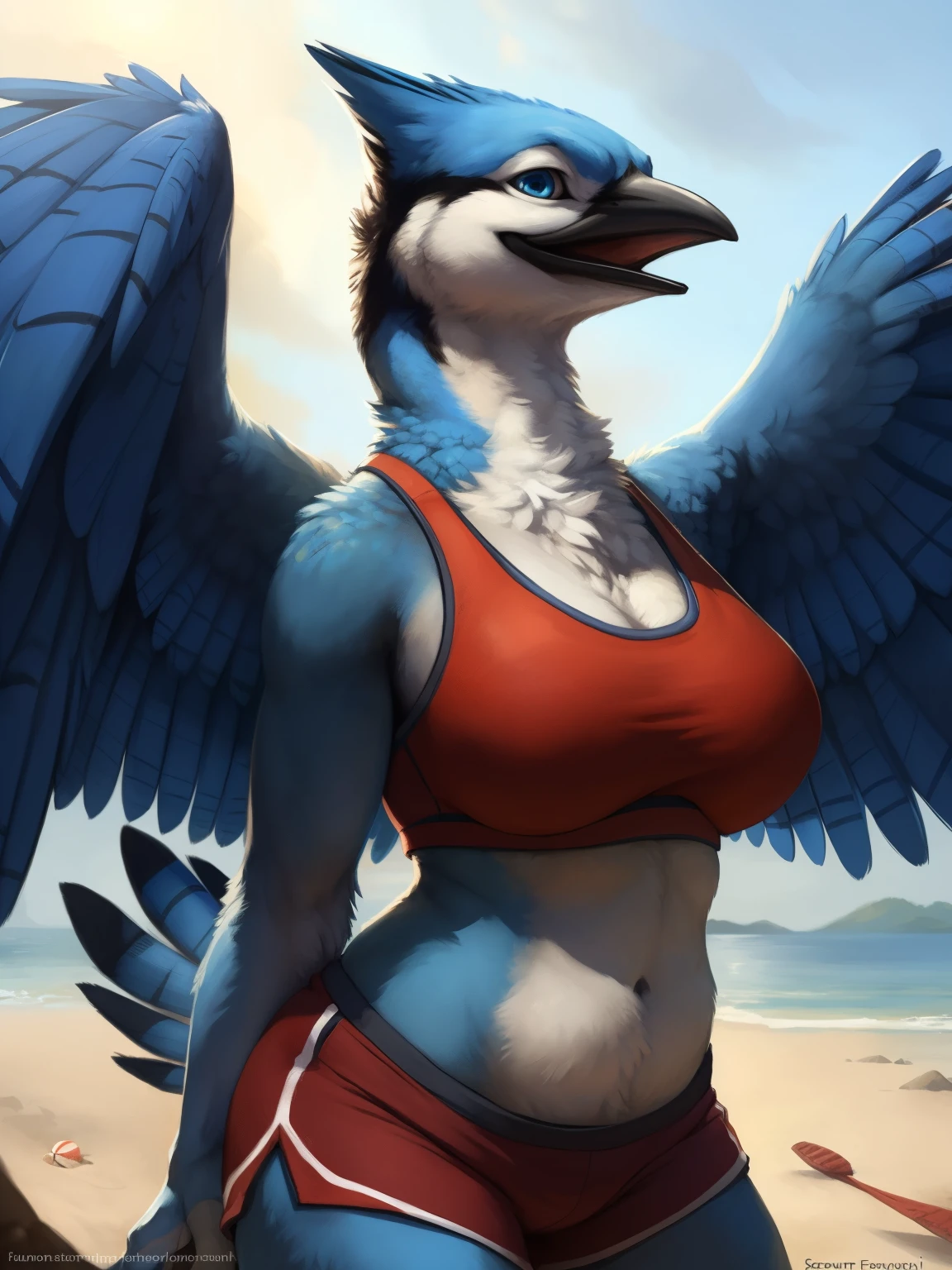 quarter view, close up view,, stone wall, a beautiful and detailed portrait of a huge female feral blue bird, (scrub jay, bluejay), (((membranous_wings, correct anatomy))), feathered wings, kenket, Ross Tran,ruan jia, trending on artstation,foxovh, cenematic lighting, vip, body, full body, lookin at viewer, standing, arms behind back, (((beach))) smile, big breaths, big boobs, big , big , open mouth, (((red sports bra, blue shorts))), front view, blue eyes,