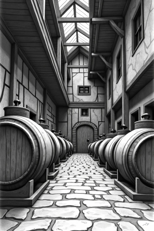 a freehand sketch illustration of an old-style cachaça distillery, black and white, detailed sketch, traditional distillery equipment, rustic atmosphere, intricate architectural details, aged wooden structures, steel vats and barrels, cobblestone floors, natural lighting, high contrast, chiaroscuro, pencil sketch, charcoal drawing, masterpiece, best quality, hyper detailed