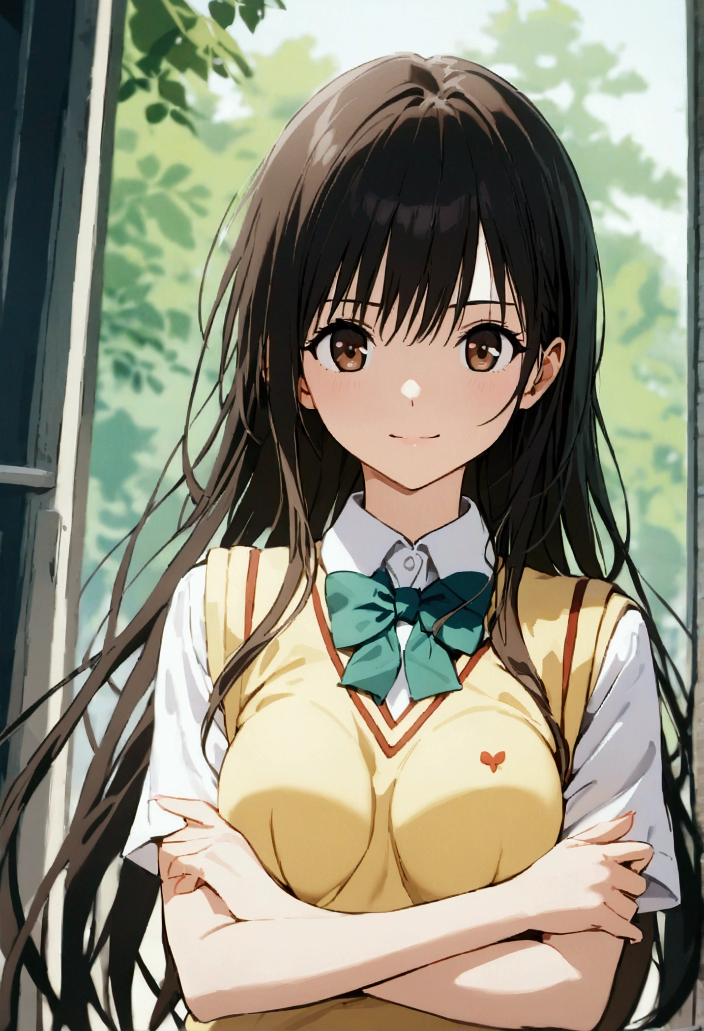 kotegawa yui, brown eyes, black hair, long hair, medium breasts, school uniform, skirt, sweater vest, looking at viewer, light smile, upper body, 
masterpiece, best quality, very aesthetic, absurdres, straight-on, crossed arms,
