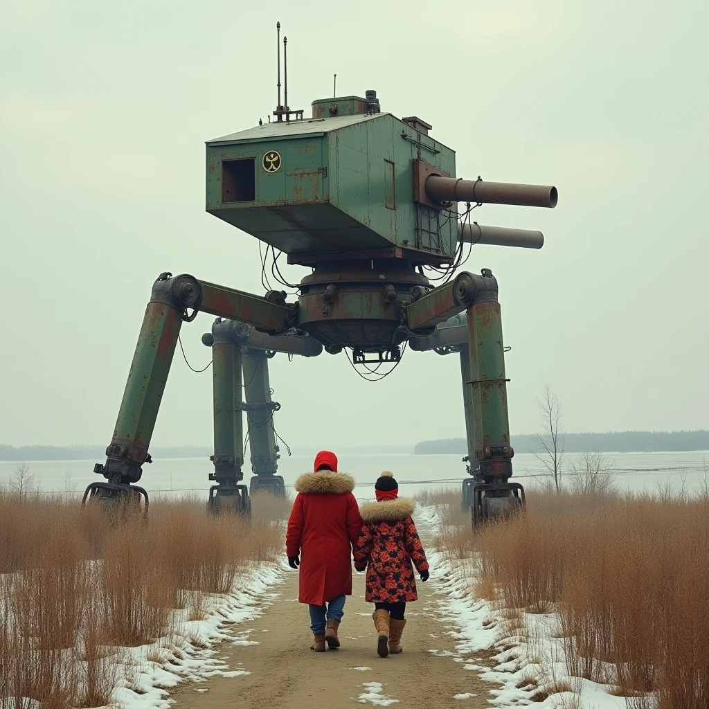 Detailed, masterpiece, professional, paint of soviet traditional children rear view walking next to a crop field, a dirt trail, a river, some snow patches on the ground, early winter, at a distance stands an old rusty broken giant mechanical quadrupedal feet war machine with wires hanging and artillery canon and green paint, bulky body, inspired by Jakub Rozalski