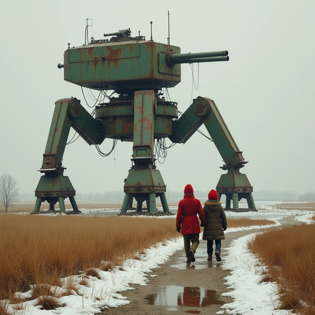 Detailed, masterpiece, professional, paint of soviet traditional children rear view walking next to a crop field, a dirt trail, a river, some snow patches on the ground, early winter, at a distance stands an old rusty broken giant mechanical quadrupedal feet war machine with wires hanging and artillery canon and green paint, bulky body, inspired by Jakub Rozalski