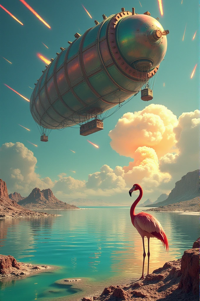Un Flamant Rose Droit Fier et Stoïque dans un Lac D'Acide Bleu Vert Jaune un Lac Cristaux de Sel Reflet, Éclats Lumineux, Une Mongolfière Énorme Pétroles-Punk, Sous Une Pluie de Météorites, ((Multiples Colors Météorites Filantes)). Une Èxplosion Nucléaire en Arrière Plan Fumée Calme . Atmosphère. Dystopie.