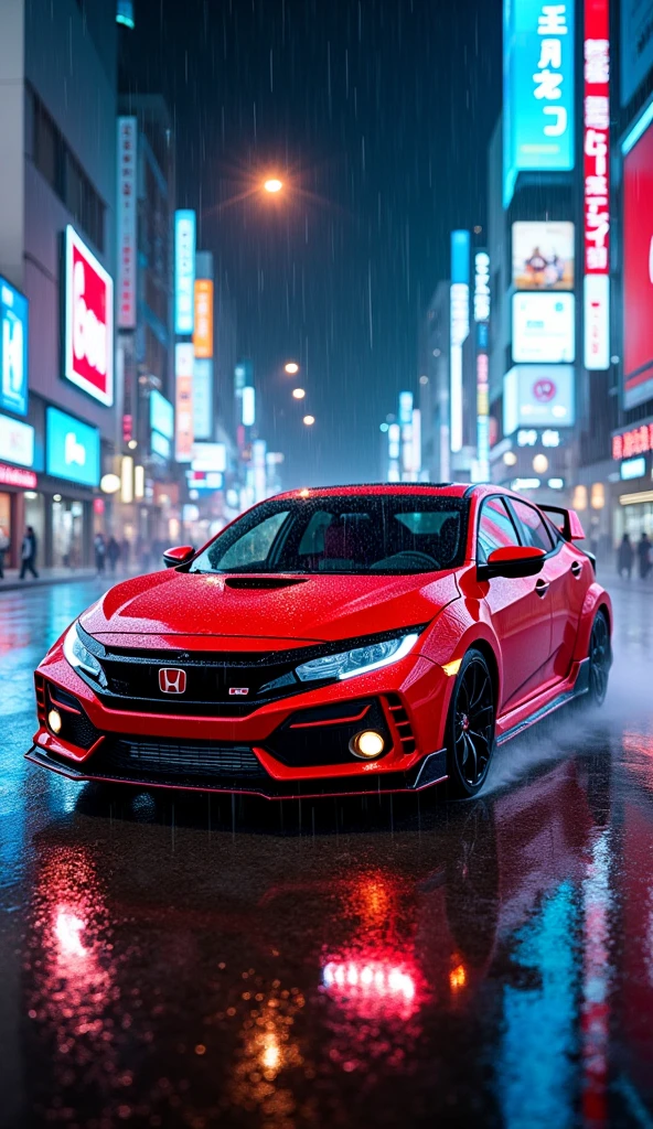 honda civic type r red colour at japan night and rain