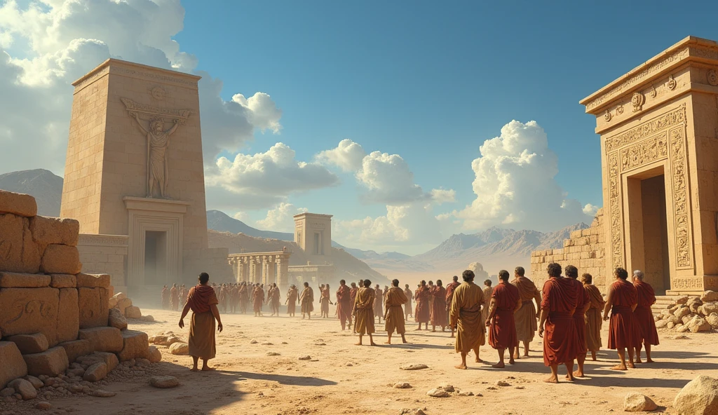 Representation of people on the plain, talking and organizing the construction of the Tower of Bael 200 BC