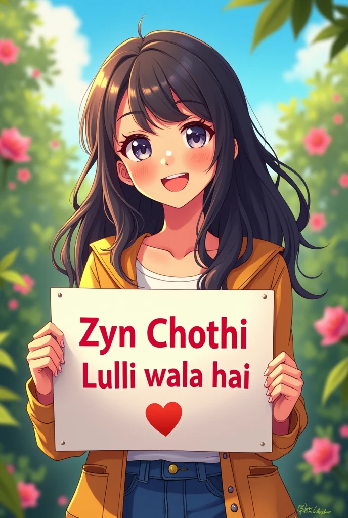 a beautiful and cute woman holding up a sign "Zyn Chothi Lulli wala hai 🙂", joyful, happy, anime illustration, photorealistic, oil painting