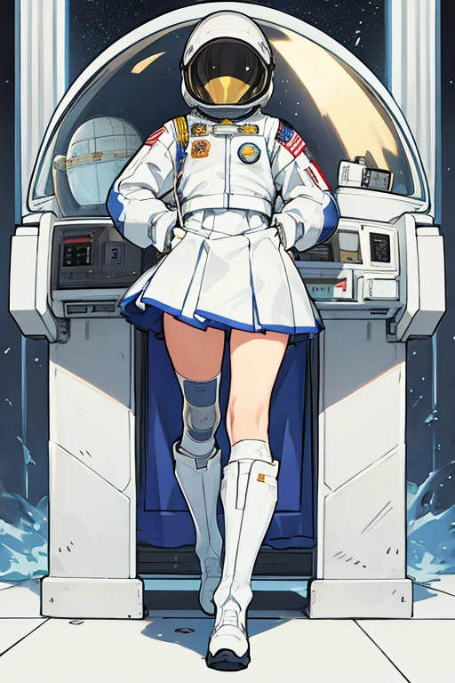Female astronaut, with helmet, with face covered, White skirt, big white boots