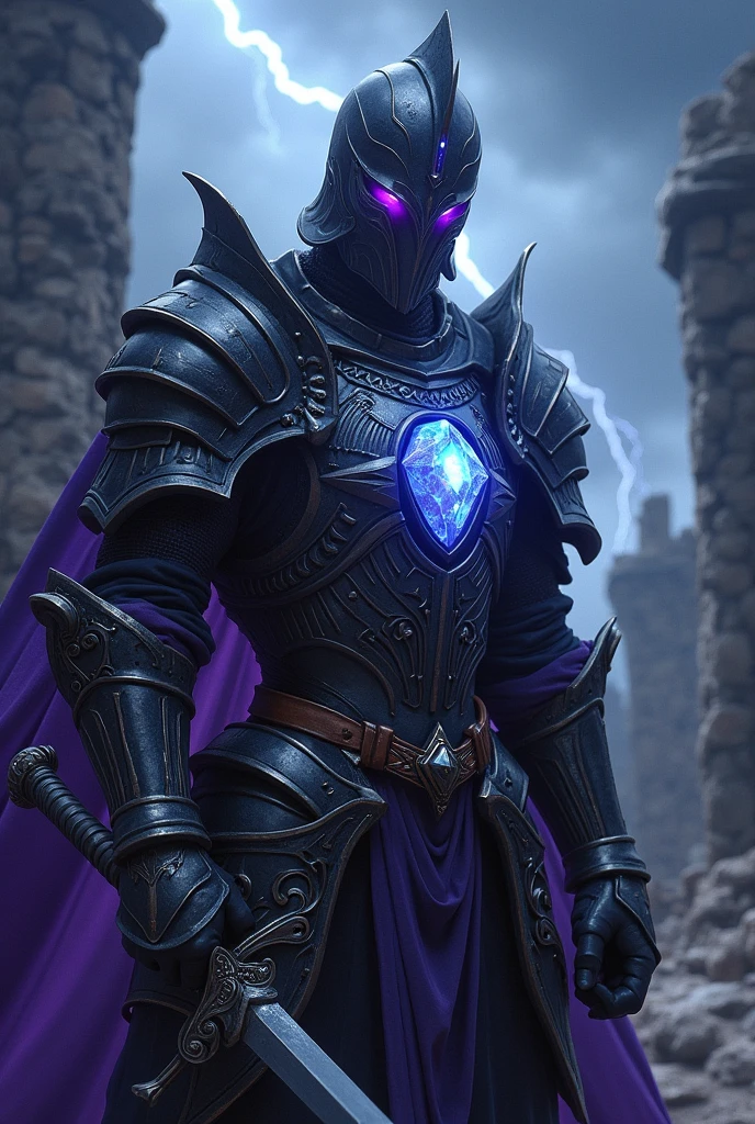 a medieval armor with 1 crystal in the chest possessed by the soul of a warrior, carrying a long sword with 1 crystal in the handle and a shield, with a menacing look and purple eyes