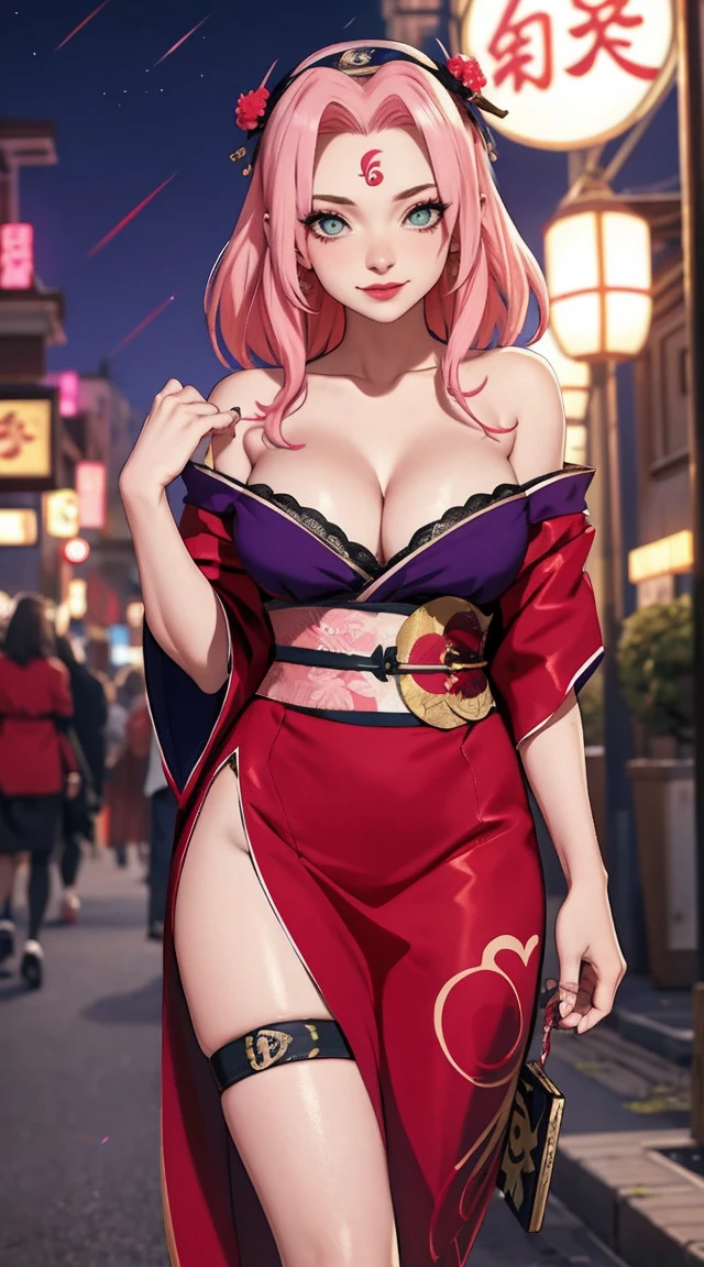 tmasterpiece, Best quality at best, 1girll, Sakura Haruno, Large breasts,Raised sexy,is shy,smile,with pink hair, long whitr hair, (Green eyeballs:1.4), Forehead protection,nighttime, city,deep cleavage, revealing clothes, whorish (prostitute makeup:1.3), purple eyeshadow, (prostitute), slutty, slutty outfit, lipstick, slutty expression, (off-shoulder kimono), geisha, expensive kimono, offering sex, (tattoo),