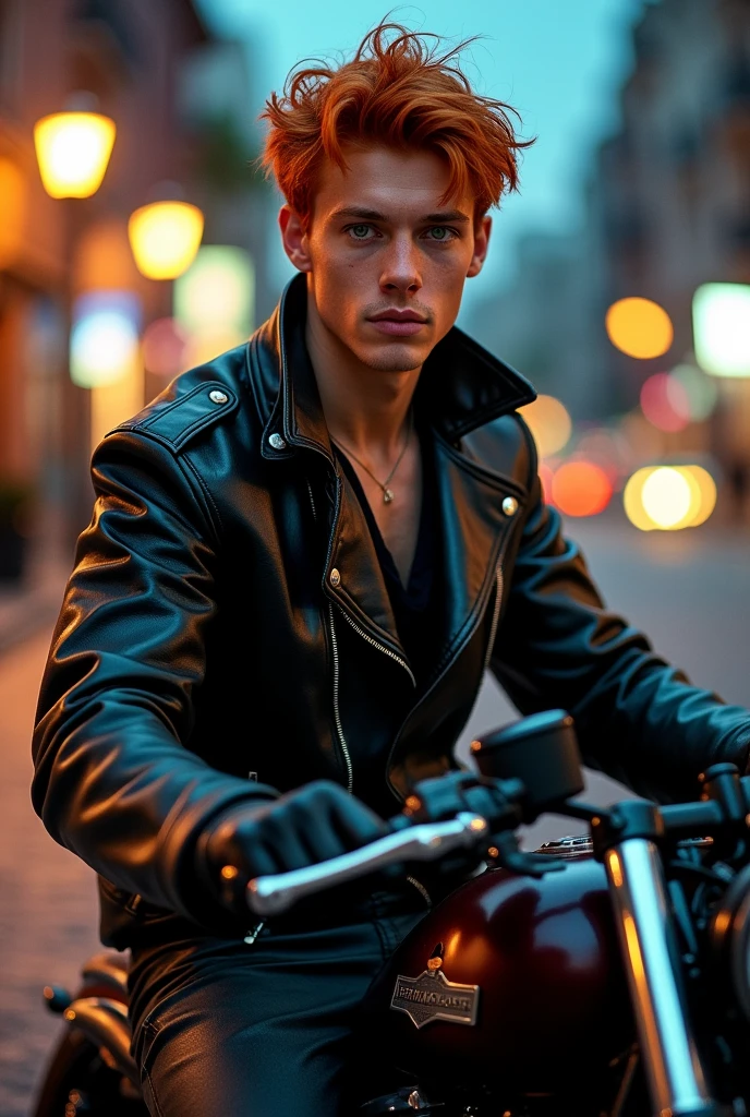 2d man, tan skin, red hair, green eyes, masculine, black leather oversized clothes, sitting on a motorcycle, 21 years old