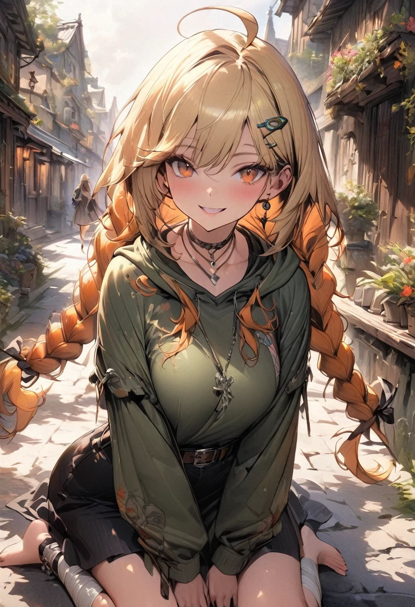 (masterpiece),(best quality),(ultra-detailed),(best illustration),(best shadow),(absurdres),(detailed background),(very aesthetic), 1girl, solo, twin-braids, braid, ankle-wrap, long-hair, blonde-hair, smile, simple-background, hair-ornament, ahoge, hood, hood-down, orange-hair, necklace, jewelry, full-body, looking-at-viewer, barefoot, toeless-legwear, hairclip, twintails, skirt, long-sleeves, orange-eyes, belt, breasts, green clothes,
