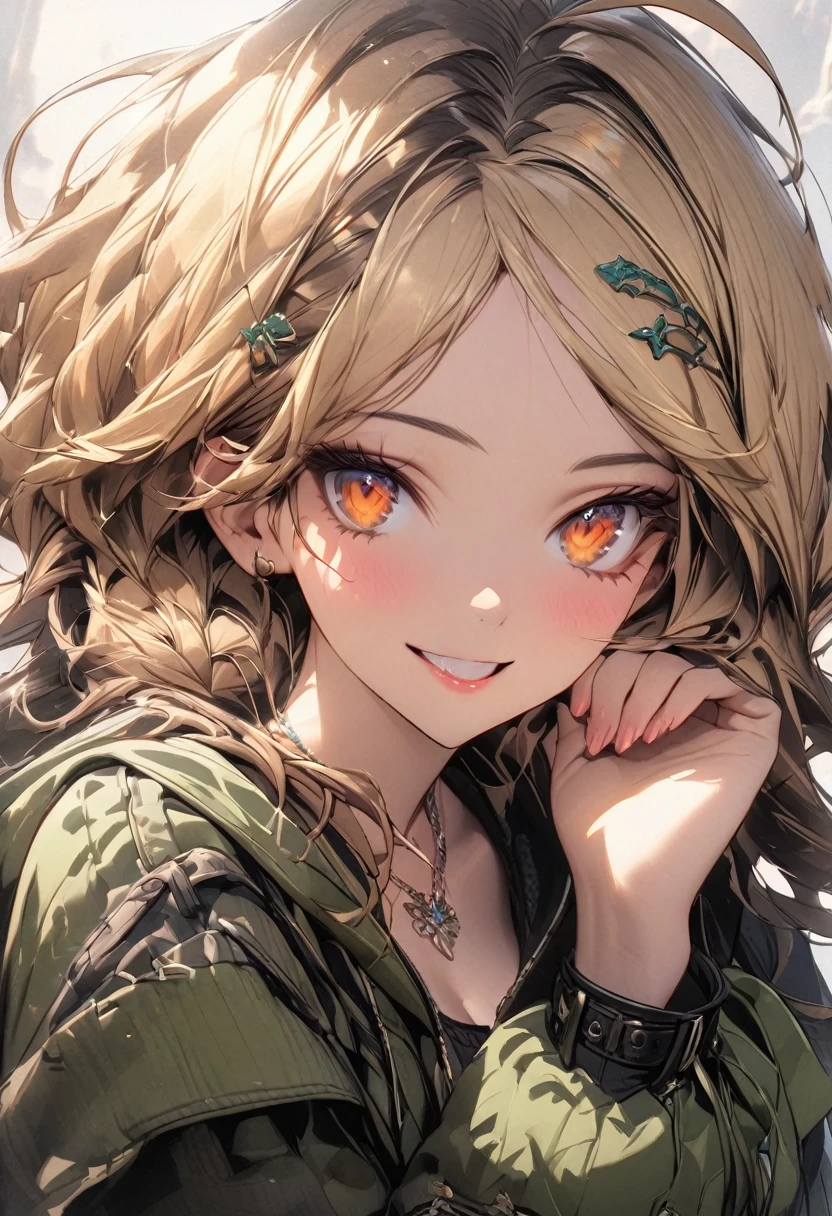 (masterpiece),(best quality),(ultra-detailed),(best illustration),(best shadow),(absurdres),(detailed background),(very aesthetic), 1girl, solo, twin-braids, braid, ankle-wrap, long-hair, blonde-hair, smile, simple-background, hair-ornament, ahoge, hood, hood-down, orange-hair, necklace, jewelry, full-body, looking-at-viewer, barefoot, toeless-legwear, hairclip, twintails, skirt, long-sleeves, orange-eyes, belt, breasts, green clothes,