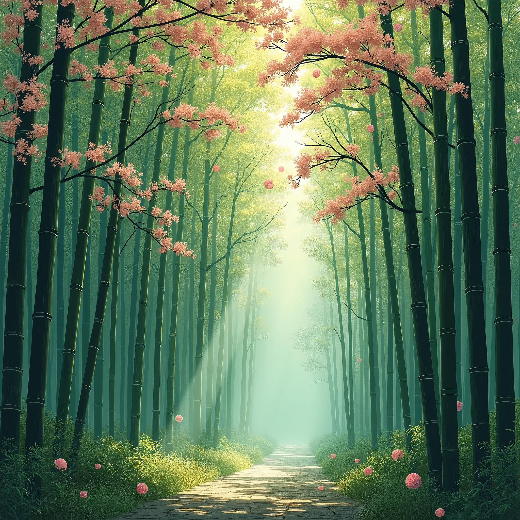 Bamboo forest, Japanese apricot blossoms and trees, pine trees, 