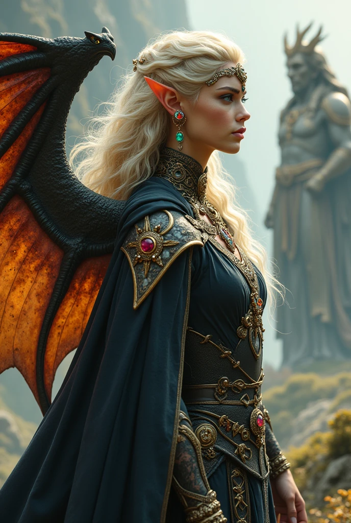 Highly detailed male Elf with dragon wings and horns black and light white-gold, decorated with precious stones and artifacts On the elf's right ear is a red diamond, rainbow diamond, and a rhodium chain with an emerald.
On the left ear there is a meteorite fragment, red diamond and padparadscha sapphire. blue eyes, light skin, light wheat hair, in the background is the ancient god of peace and hell
