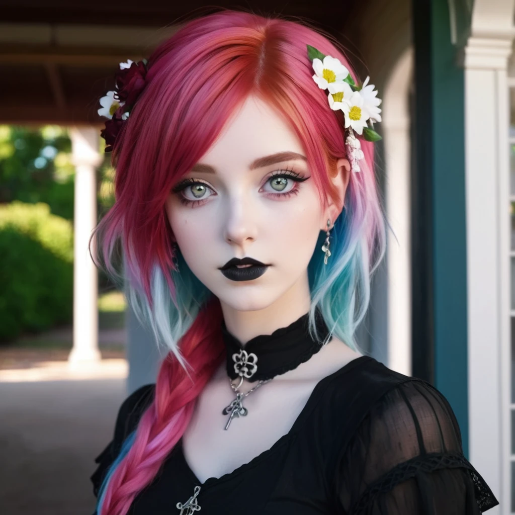 Renaissance style Dark shot, front porch of suburban house, pastel goth, sexy goth girl, photo of cute 20 year old Italian redhead women, cinematic shot, hard shadows, photorealistic, cute face, looking at the viewer, photography, raw photo, white rainbow hair, detailed skin, natural flower background, sexy goth girl, face blush, Dark shot, front porch of suburban house, Dark shot, front porch of suburban house, pastel goth, sexy goth girl, photo of cute 20 year old Italian redhead women, cinematic shot, hard shadows, photorealistic, cute face, looking at the viewer, photography, raw photo, white rainbow hair, detailed skin, natural flower background, sexy goth girl, face blush. Realistic, perspective, light and shadow, religious or mythological themes, highly detailed