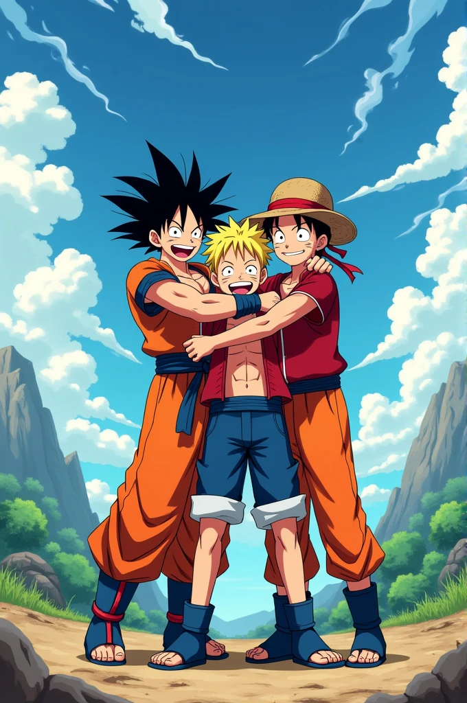 Goku Luffy Naruto hug 