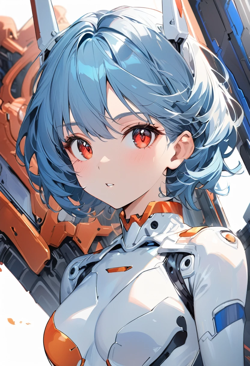 solo, neon genesis evangelion Rei ayanami in her white plugsuit standing up in a white background straight, blue hair, red eyes, short hair, looking at you, evangelion artstyle, ,  perfect composition, intricate details, upperbody, portrait, best quality, ultra detailed
