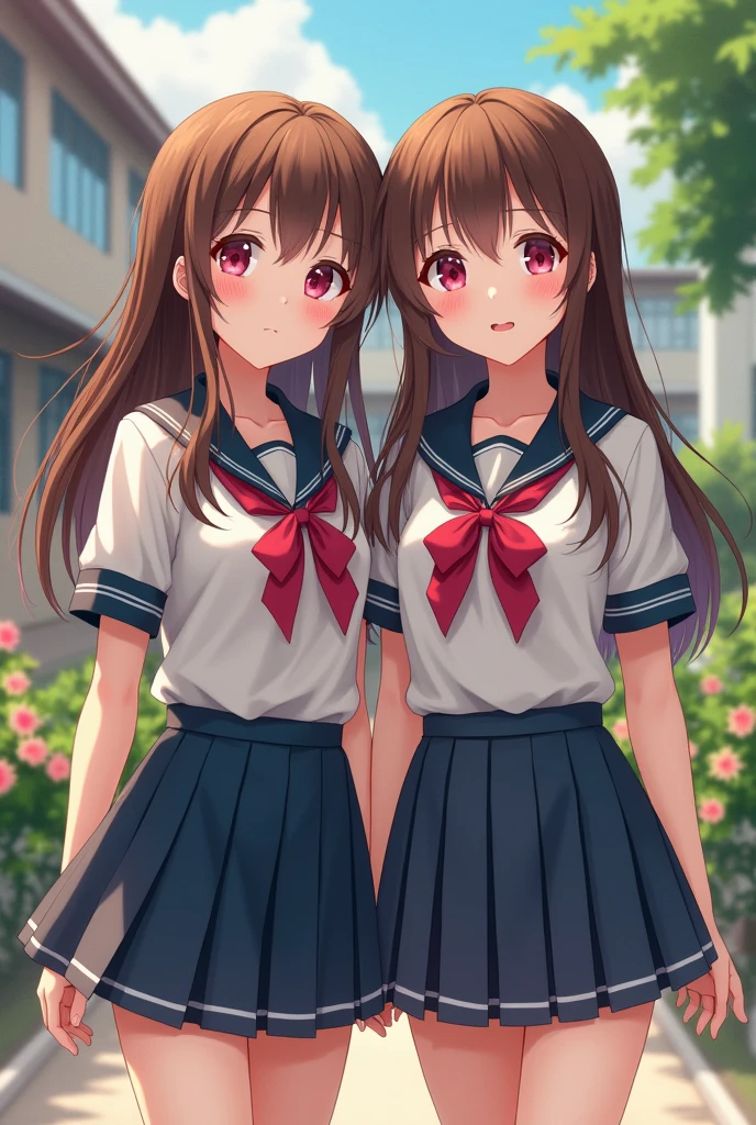(2 girls)), ((Best Quality)), (ultra detailed), (Extremely detailed 8k unified CG wallpaper), Very detailed, High definition raw color photographs, Professional photography, (two tails), Brown hair, Amazing face and eyes, pink eyes, (incredibly beautiful girl), (high school uniform, Pleated mini skirt:1.3), Nude