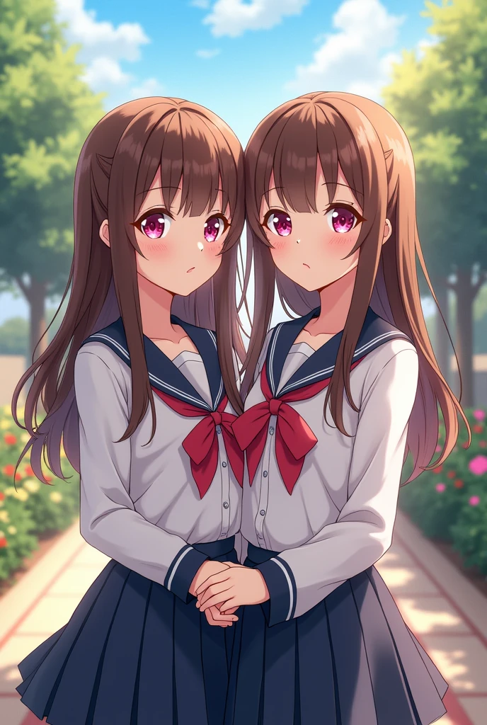(2 girls)), ((Best Quality)), (ultra detailed), (Extremely detailed 8k unified CG wallpaper), Very detailed, High definition raw color photographs, Professional photography, (two tails), Brown hair, Amazing face and eyes, pink eyes, (incredibly beautiful girl), (high school uniform, Pleated mini skirt:1.3), Nude